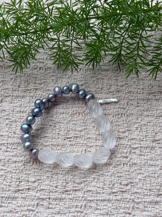 Silver Dawn — Natural Clear Quartz & Grey Freshwater Pearl Bracelet