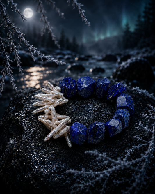 Celestial Frost — Lapis Lazuli & Baroque Pearl Bracelet