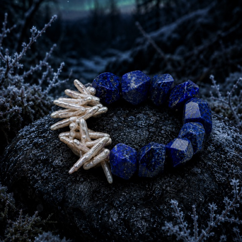 Celestial Frost — Lapis Lazuli & Baroque Pearl Bracelet