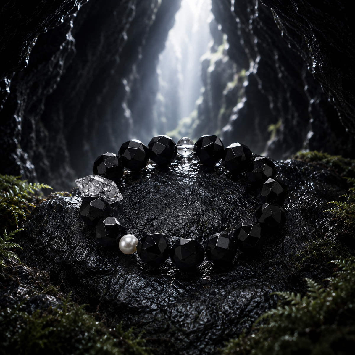 Midnight Core — Black Agate & Black Phantom Quartz Bracelet