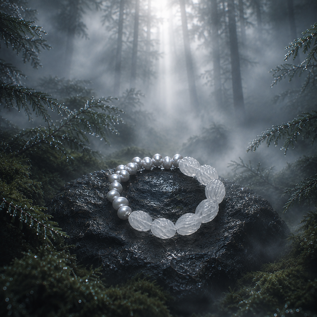 Silver Dawn — Natural Clear Quartz & Grey Freshwater Pearl Bracelet