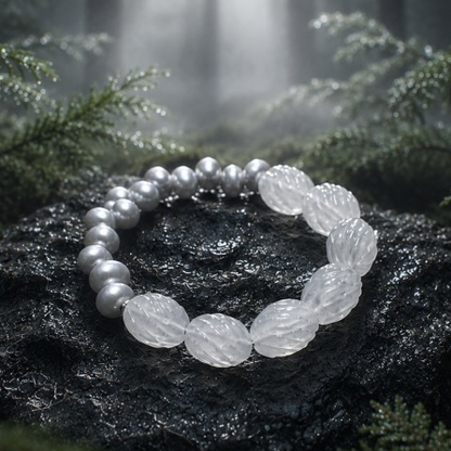 Silver Dawn — Natural Clear Quartz & Grey Freshwater Pearl Bracelet