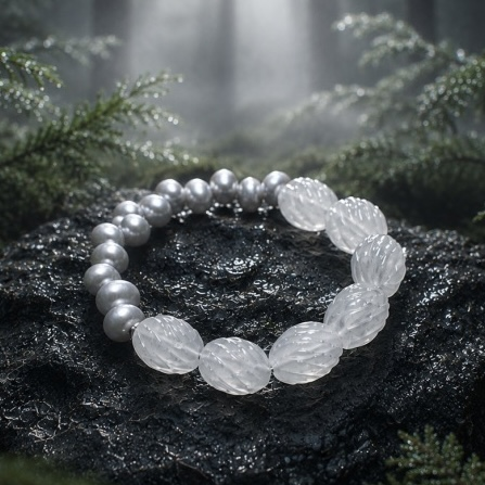 Silver Dawn — Natural Clear Quartz & Grey Freshwater Pearl Bracelet
