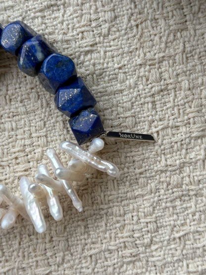 Celestial Frost — Lapis Lazuli & Baroque Pearl Bracelet