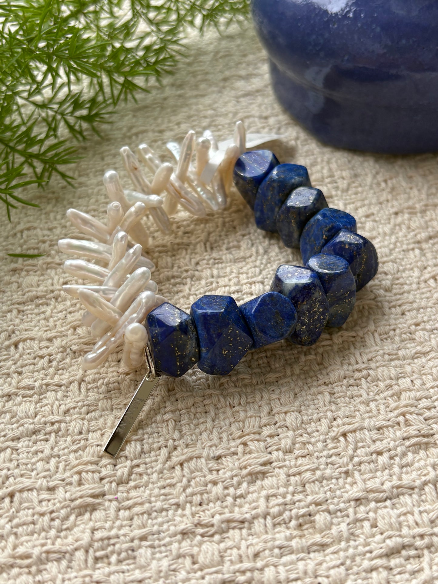 Celestial Frost — Lapis Lazuli & Baroque Pearl Bracelet