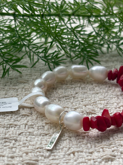 The Crimson Berry — Bamboo Coral & Pearl Bracelet