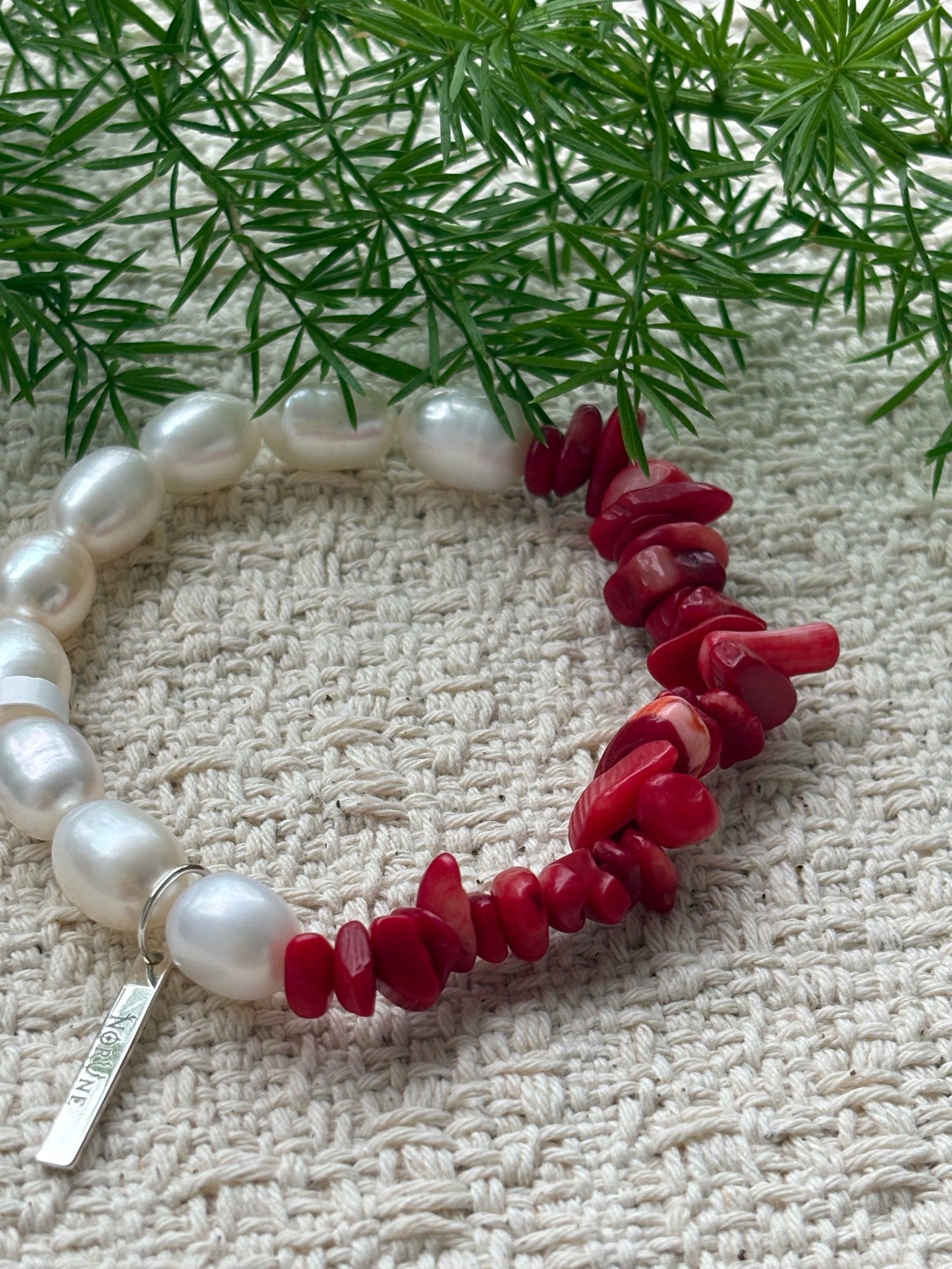 The Crimson Berry — Bamboo Coral & Pearl Bracelet
