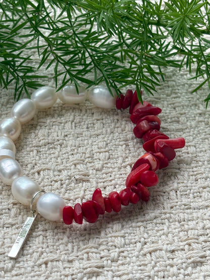 The Crimson Berry — Bamboo Coral & Pearl Bracelet
