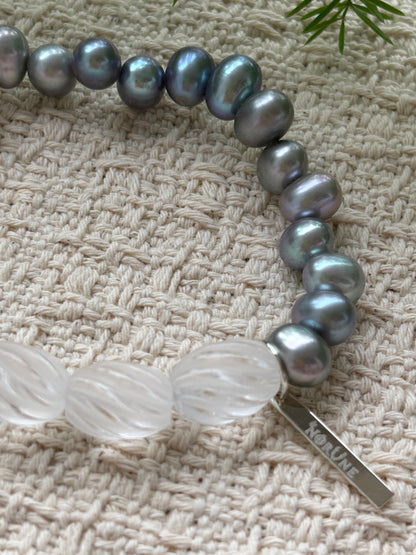 Silver Dawn — Natural Clear Quartz & Grey Freshwater Pearl Bracelet