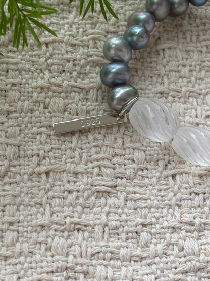 Silver Dawn — Natural Clear Quartz & Grey Freshwater Pearl Bracelet