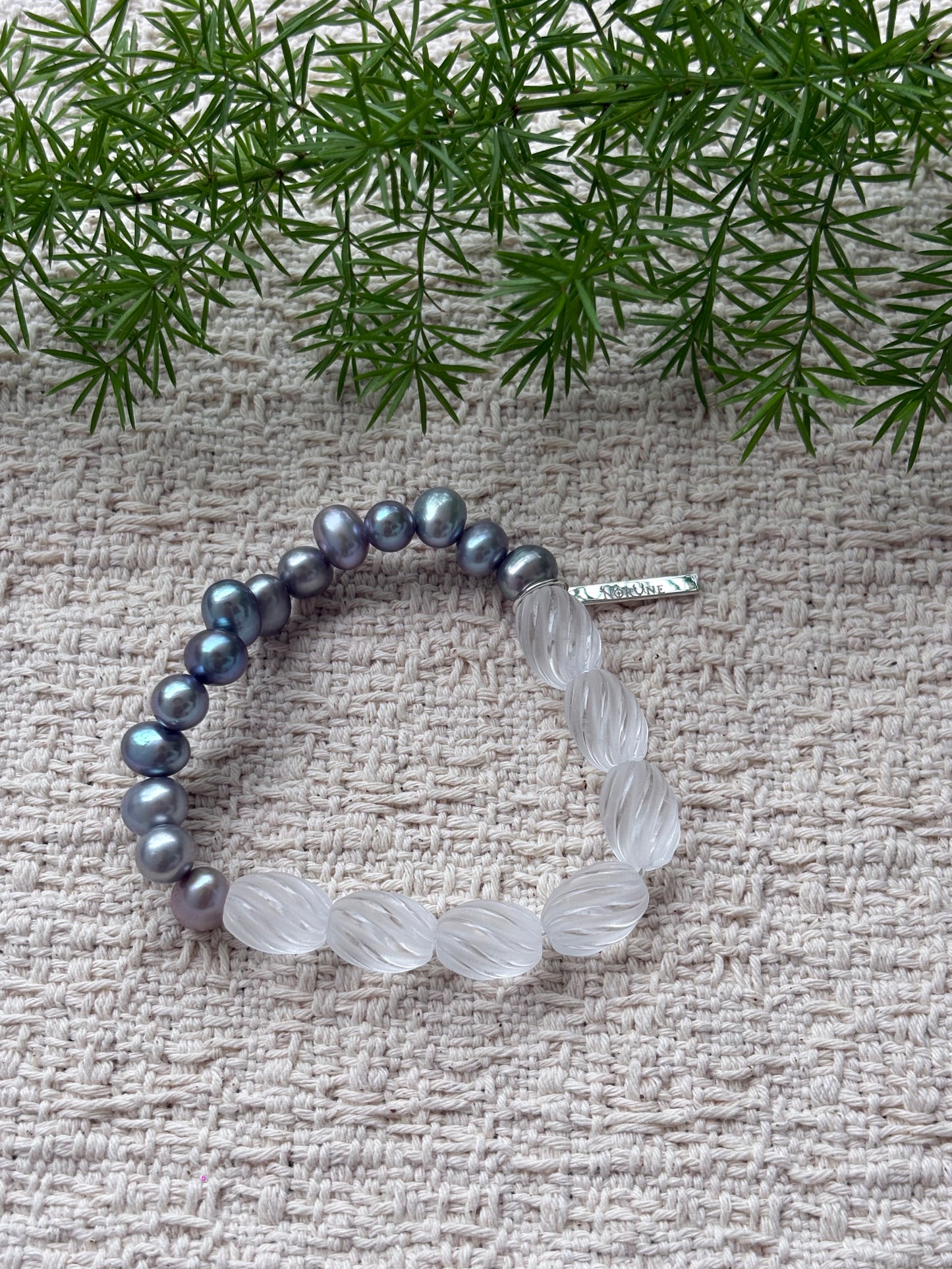 Silver Dawn — Natural Clear Quartz & Grey Freshwater Pearl Bracelet
