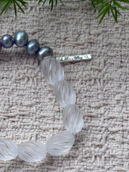 Silver Dawn — Natural Clear Quartz & Grey Freshwater Pearl Bracelet
